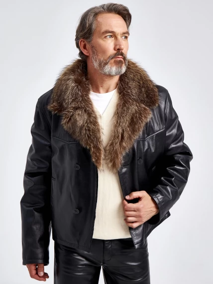 Зимняя двубортная мужская кожаная куртка с воротником меха енота Mafia/New, черная, размер 56, артикул 40810-0