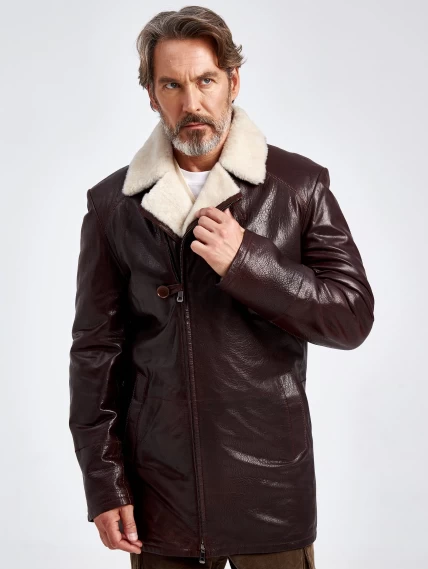 Зимняя мужская кожаная куртка на подкладке из овчины 5449, коричневая, размер 58, артикул 40620-3