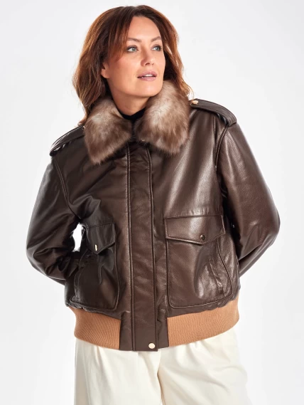 Женская утепленная куртка бомбер с воротником меха куницы премиум класса 3076, коричневая, размер 44, артикул 25520-5