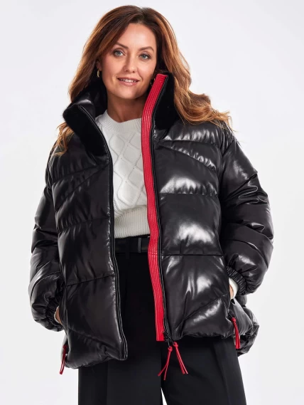 Утепленная женская кожаная куртка с норковым воротником премиум класса 3072, черная, размер 50, артикул 25560-1
