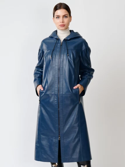 Кожаное женское пальто с капюшоном на молнии премиум класса 3009, синее, размер 50, артикул 25600-6