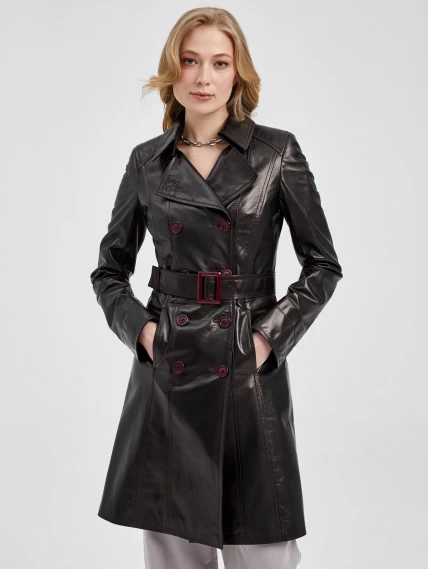 Двубортный кожаный женский френч с поясом 321, черный, размер 40, артикул 91670-1