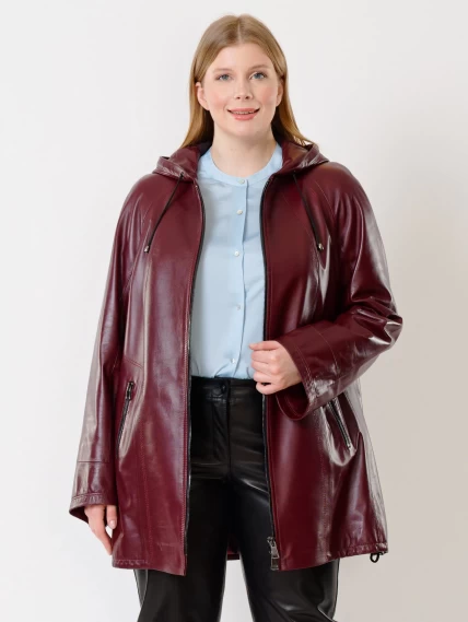 Кожаная женская куртка оверсайз с капюшоном 383, бордовая, размер 50, артикул 91300-1