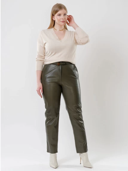 Кожаные прямые женские брюки из натуральной кожи 04, оливковые, размер 46, артикул 85530-3