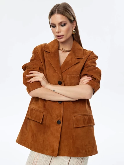 Стильный удлиненный замшевый женский пиджак премиум класса 3069з, виски, размер 46, артикул 23840-4