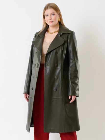 Кожаное двубортное женское пальто с поясом премиум класса 3003, оливковое, размер 48, артикул 63480-1