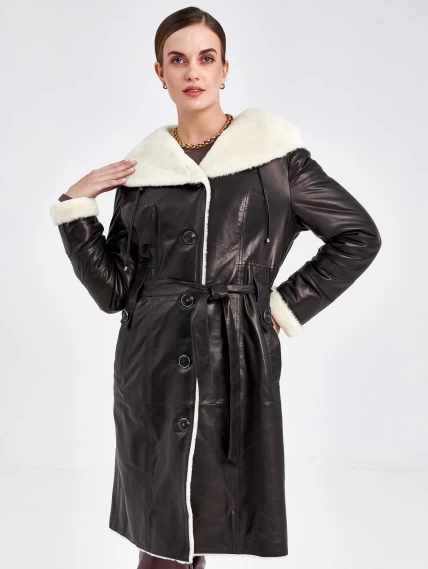 Кожаное пальто зимнее женское 392мех, с капюшоном, с поясом, черно-белое, размер 48, артикул 91840-3