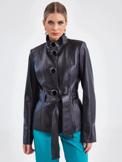 Кожаная женская куртка с поясом 334, черная, размер 40, артикул 15420-0