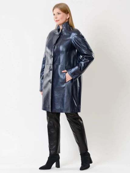 Кожаное пальто женское 378, синий перламутр, размер 48, артикул 91272-4