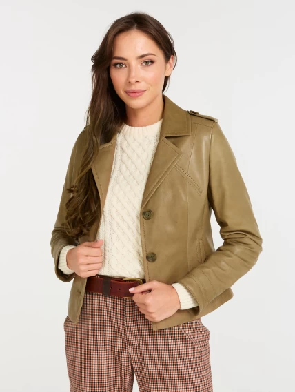 Короткая женская кожаная куртка пиджак 304, серо-коричневая, размер 44, артикул 90560-4