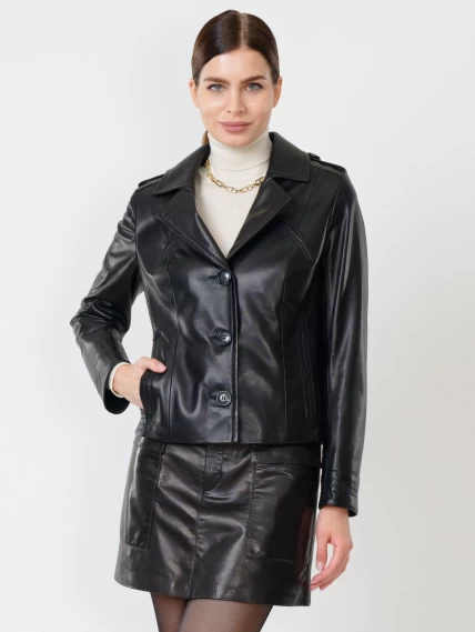 Короткий кожаный женский пиджак премиум класса 304, черный, размер 44, артикул 23640-0