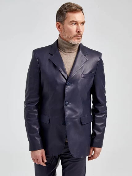 Мужской кожаный пиджак на ручном стежке премиум класса 543, синий, размер 48, артикул 28962-0