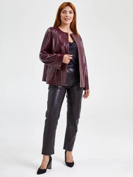 Кожаная женская куртка без воротника с поясом 3019, бордовая, размер 50, артикул 91700-3