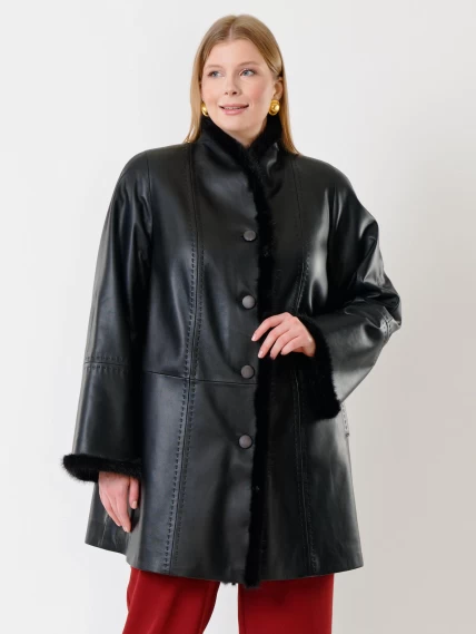 Утепленный женский кожаный плащ с норкой 312рс, черный, размер 58, артикул 23710-2