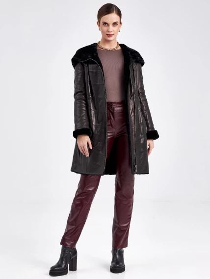 Кожаное пальто зимнее женское 391мех, с капюшоном, черное, размер 46, артикул 91820-5