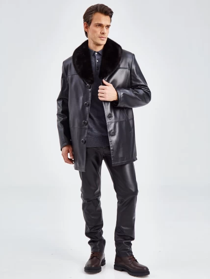 Мужская зимняя кожаная куртка с норковым воротником премиум класса 534мех, черная, размер 50, артикул 40280-1