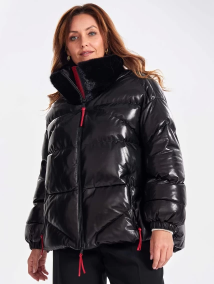 Утепленная женская кожаная куртка с норковым воротником премиум класса 3072, черная, размер 50, артикул 25560-5