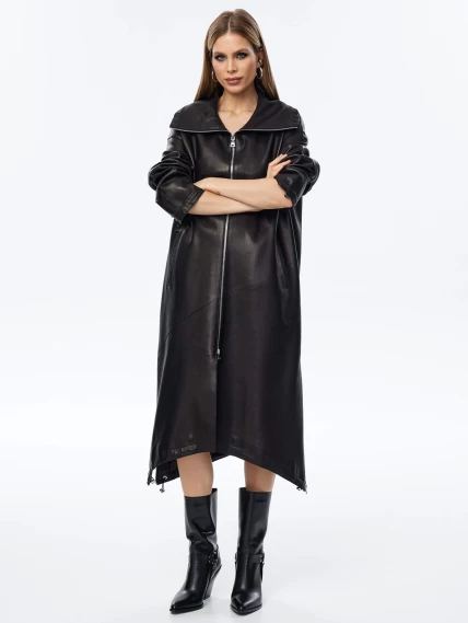 Длинный женский кожаный плащ оверсайз премиум класса 3062, черный, размер 50, артикул 23720-1