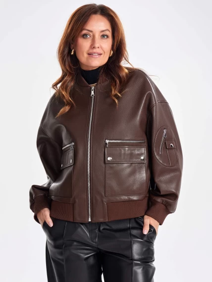 Короткая женская кожаная куртка бомбер премиум класса 3064, коричневая, размер 44, артикул 23760-5