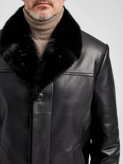Мужское зимнее кожаное пальто с норковым воротником премиум класса 533мех, черное, размер 50, артикул 71062-2