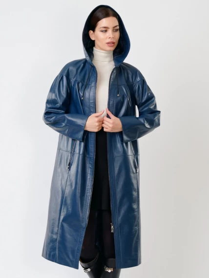 Кожаное женское пальто с капюшоном на молнии премиум класса 3009, синее, размер 50, артикул 25600-2