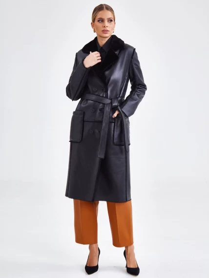 Двубортное женское пальто из натуральной овчины премиум класса 2000, черное, размер 48, артикул 63820-2