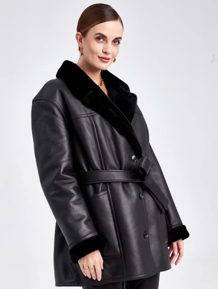 Короткая женская дубленка пиджак с поясом премиум класса 2011, черная, размер 46, артикул 62661-0