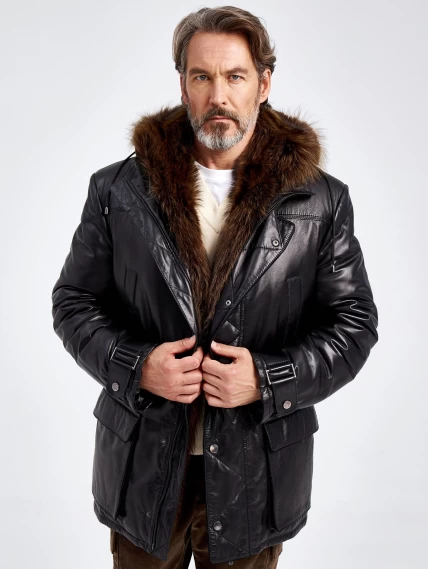 Зимняя мужская кожаная куртка с капюшоном на подкладке из меха енота 511, черная, размер 56, артикул 40730-3