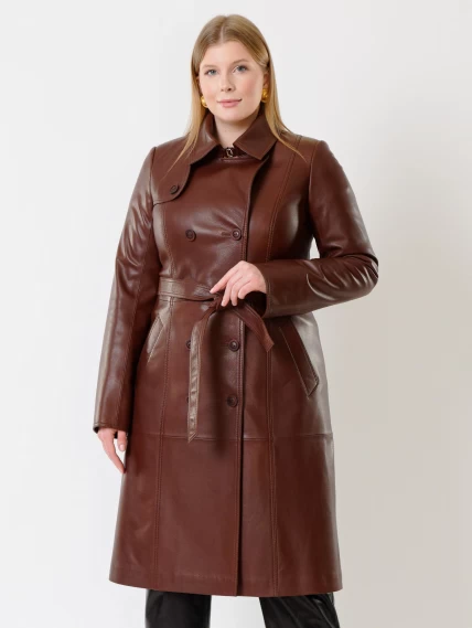 Кожаное двубортное женское пальто с поясом премиум класса 3003, ореховое, размер 48, артикул 63490-0