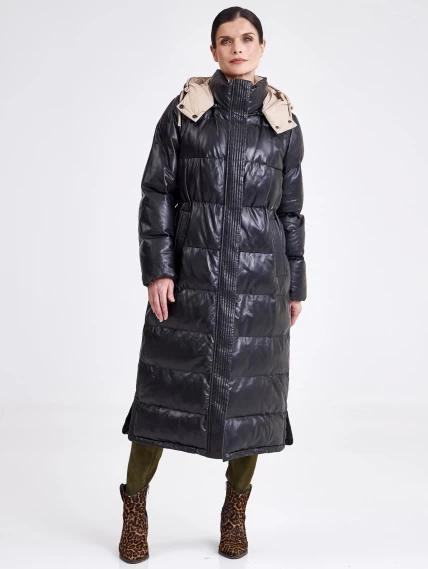 Стеганное кожаное пальто с капюшоном премиум класса для женшин 3024, черное, размер 44, артикул 25420-1