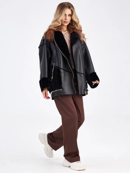 Женская куртка оверсайз из натуральной овчины с воротником из меха лисицы премиум класса 2042, черная, размер 44, артикул 63500-4