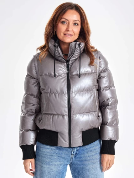 Утепленная стеганная кожаная куртка бомбер премиум класса для женщин 3074, серая, размер 44, артикул 23900-3