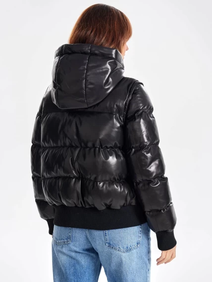 Утепленная стеганная кожаная куртка с капюшоном премиум класса для женщин 3077, черный, размер 46, артикул 23890-5