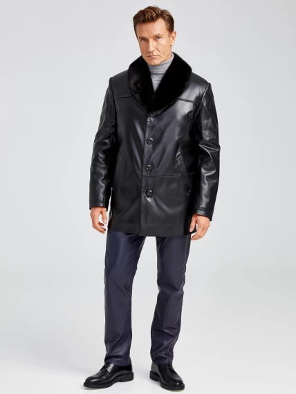 Мужская зимняя кожаная куртка с норковым воротником премиум класса 534мех, черная, размер 50, артикул 40401-3