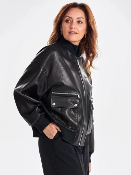Короткая женская кожаная куртка бомбер премиум класса 3064, черная, размер 44, артикул 23770-5