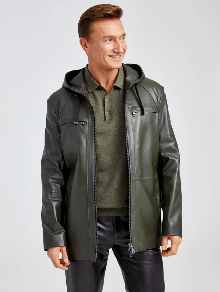 Кожаный комплект мужской: Куртка 552 + Брюки 01, оливковый/черный, размер 48, артикул 140440-4