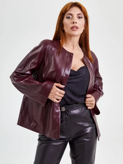 Кожаная женская куртка без воротника с поясом 3019, бордовая, размер 50, артикул 91700-1