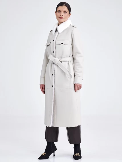 Женское пальто рубашка с воротником из меха норки премиум класса 2016, белая, размер 48, артикул 63630-0