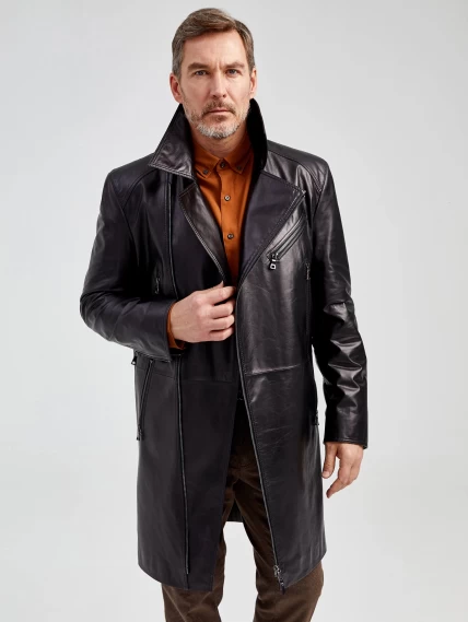 Мужской кожаный плащ косуха премиум класса 554, черный, размер 52, артикул 40551-0