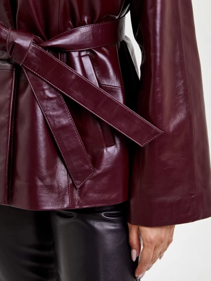 Кожаная женская куртка без воротника с поясом 3019, бордовая, размер 50, артикул 91700-2