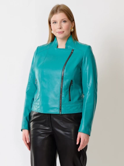 Кожаный комплект женский: Куртка 300 + Брюки 04, бирюзовый/черный, размер 44, артикул 111181-5