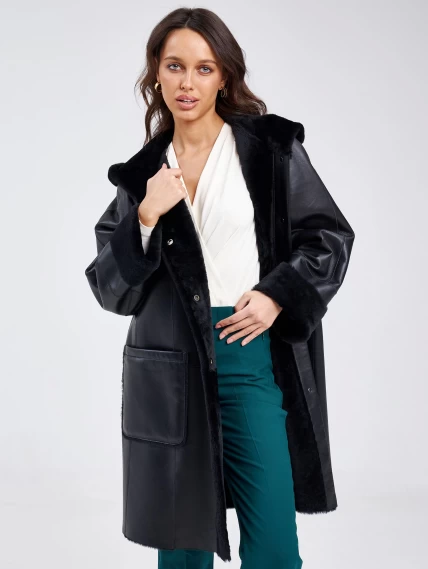 Женское классическое пальто с капюшоном из натуральной овчины премиум класса 2004, черное, размер 54, артикул 63800-4