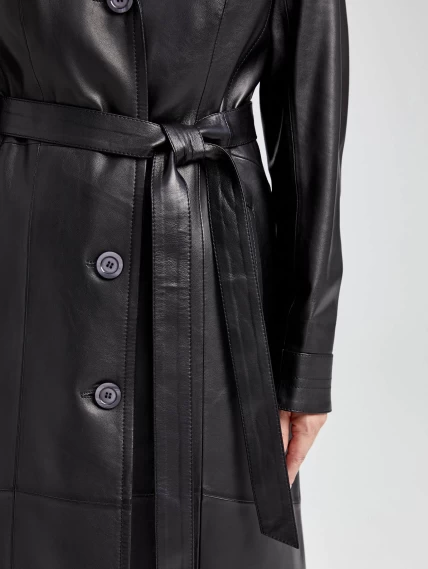 Классический кожаный женский плащ с поясом 3010, черный, размер 48, артикул 91641-2