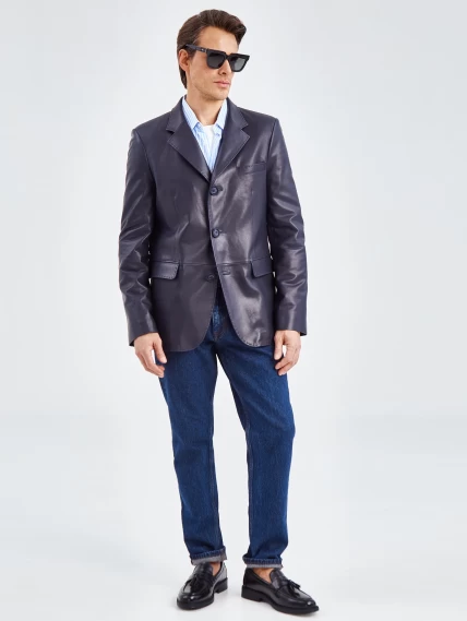 Мужской кожаный пиджак на ручном стежке премиум класса 543, синий, размер 48, артикул 27320-1