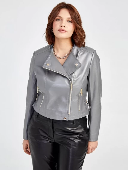 Кожаный комплект женский: Куртка 389 + Брюки 03, серый/черный, размер 42, артикул 111116-4
