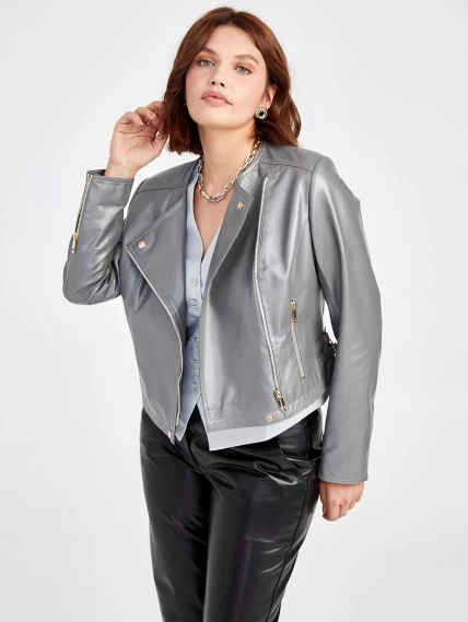Кожаный комплект женский: Куртка 389 + Брюки 03, серый/черный, размер 42, артикул 111116-3