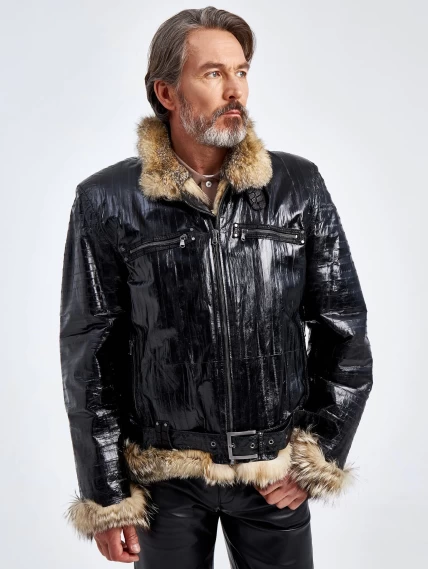 Зимняя мужская кожаная куртка из кожи морского угря на подкладке из меха лисицы ZE/F-7980, черная, размер 48, артикул 40800-0