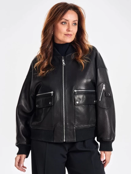 Короткая женская кожаная куртка бомбер премиум класса 3064, черная, размер 44, артикул 23770-0