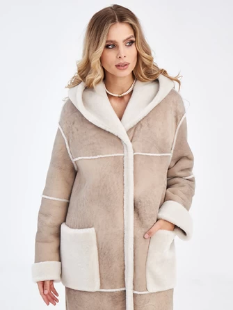 Женское длинное пальто оверсайз с капюшоном из меховой овчины премиум класса 2021-0