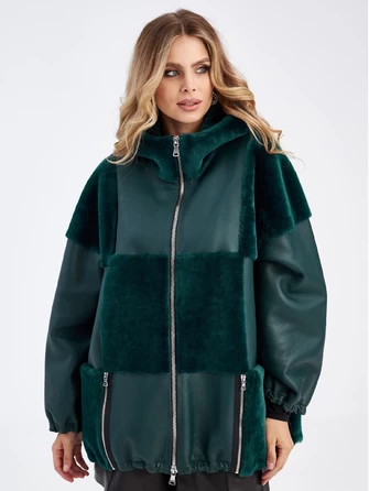 Комбинированная женская куртка из овчины с капюшоном премиум класса 2039-0